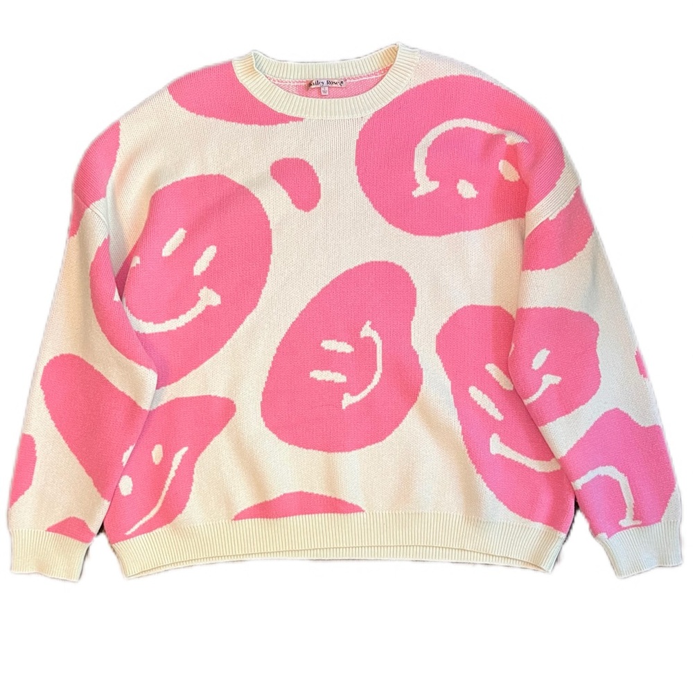 Bailey Rose Pink & Ivory Smile Crewneck Knit Sweater Large
